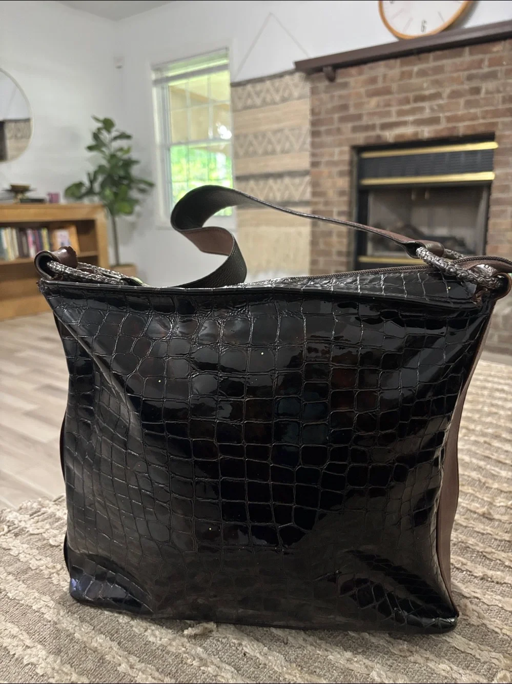 Brighton Croc- Embossed Glossed Dark Brown Large‎ Ring Leather Shoulder Tote Bag